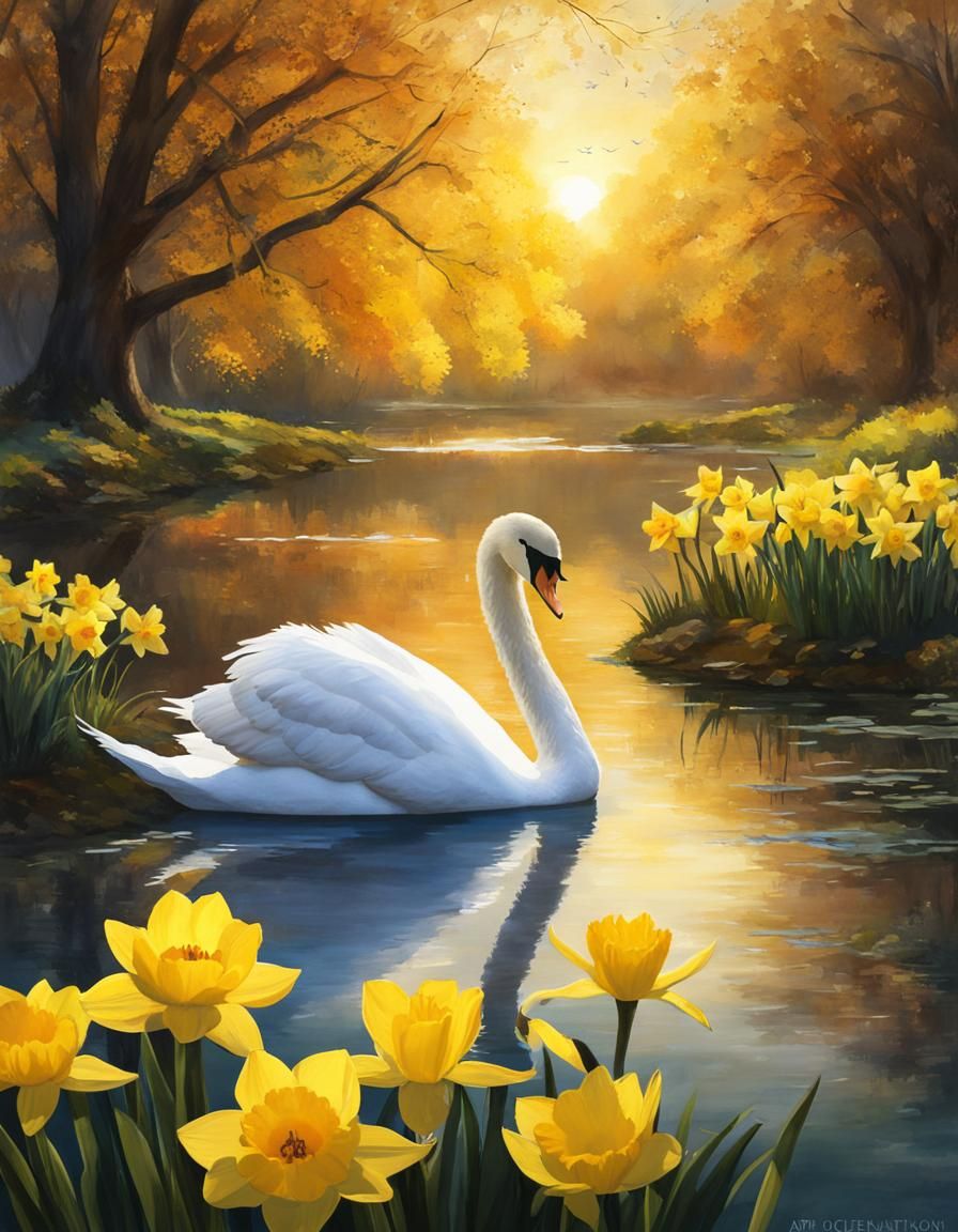 White Swan in Pond with Daffodils Watercolor