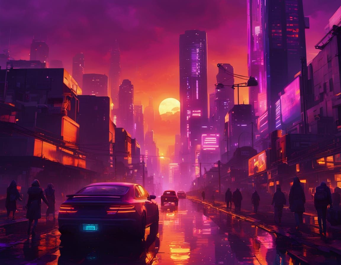 Cyberpunk Metropolis at Sunset in Vibrant Oil Painting Style