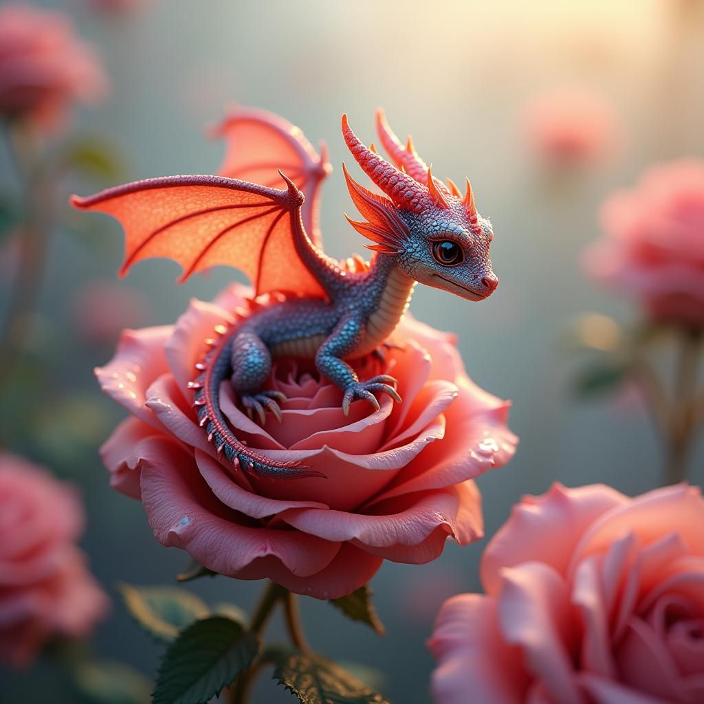 Tiny dragon taking flight off of a rose watercolor 
  by @undefined