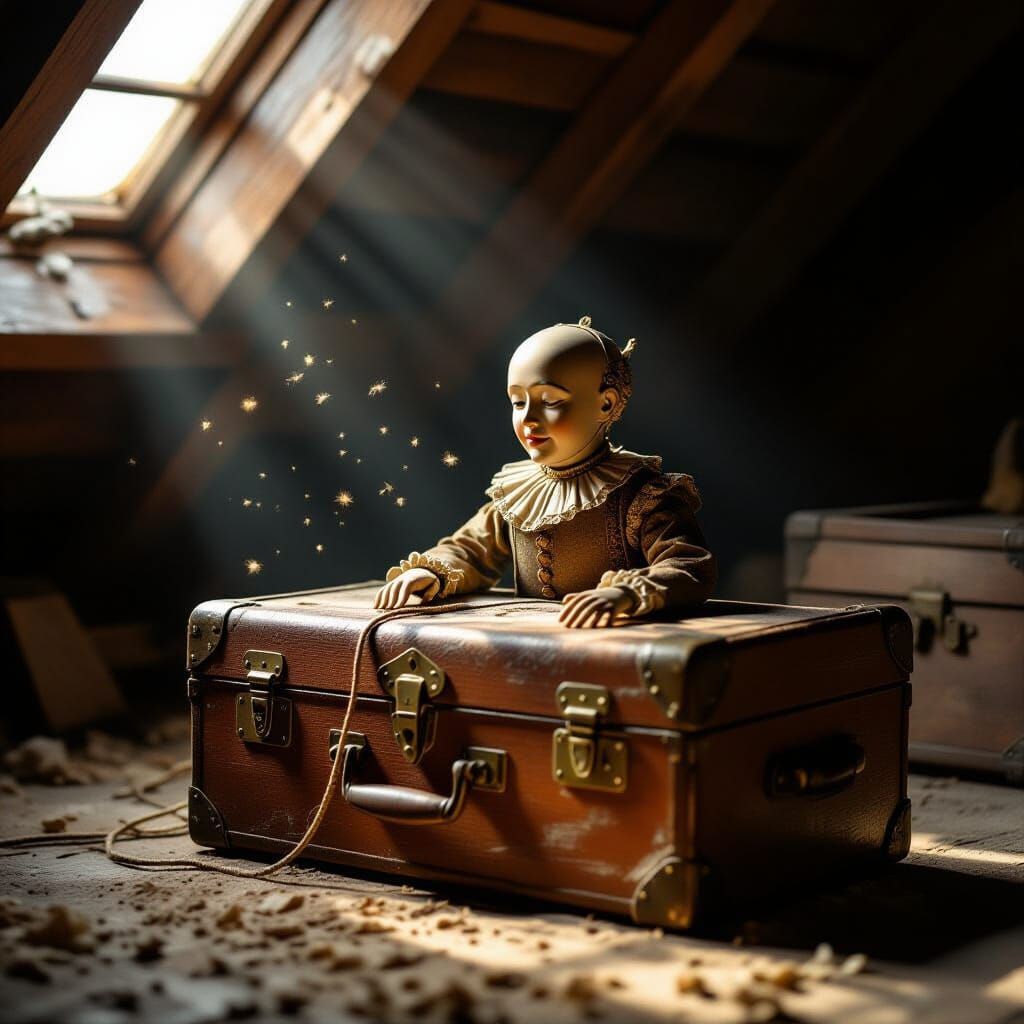 A vintage automaton sits on a dusty attic trunk, its cord forming a subtle, melancholic frown, like a weary sigh. Dust motes dance in the si...