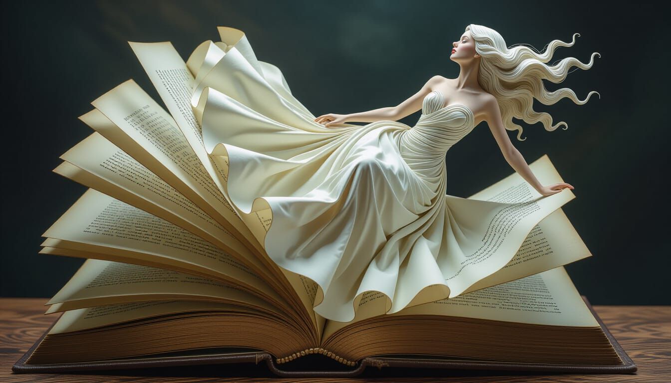 surreal scene featuring a beautifully sculpted figure of a woman emerging from an open book, the pages ...  by @Spearmint