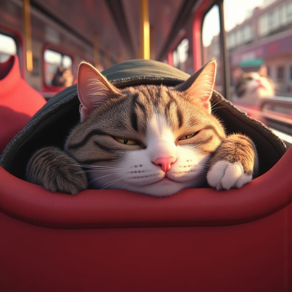 <lora:Cats on Rails:1.0> Close up of an anthropomorphic cat on a train sleeping on the seat