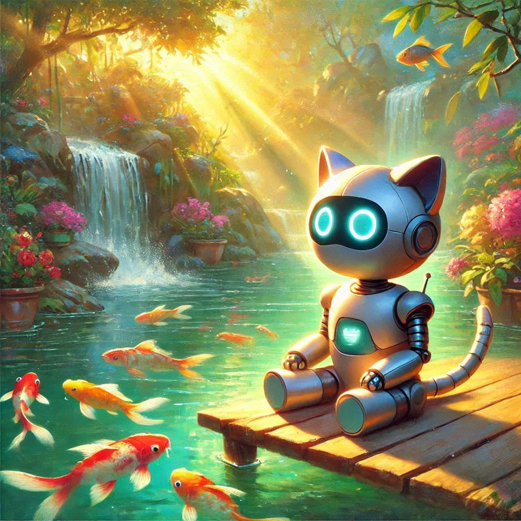 robot cat by a pond, watching fishes.