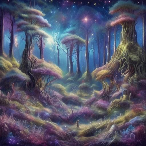 <lora:Beauty of landscape:1.0> Dark forest, detailed and intricate fantasy forest at night with sparkly lights