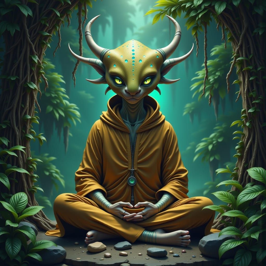 A serene bioluminescent alien creature, wearing flowing, earth-toned robes, sits meditating in a misty, hidden grotto, surrounded by lush, p...