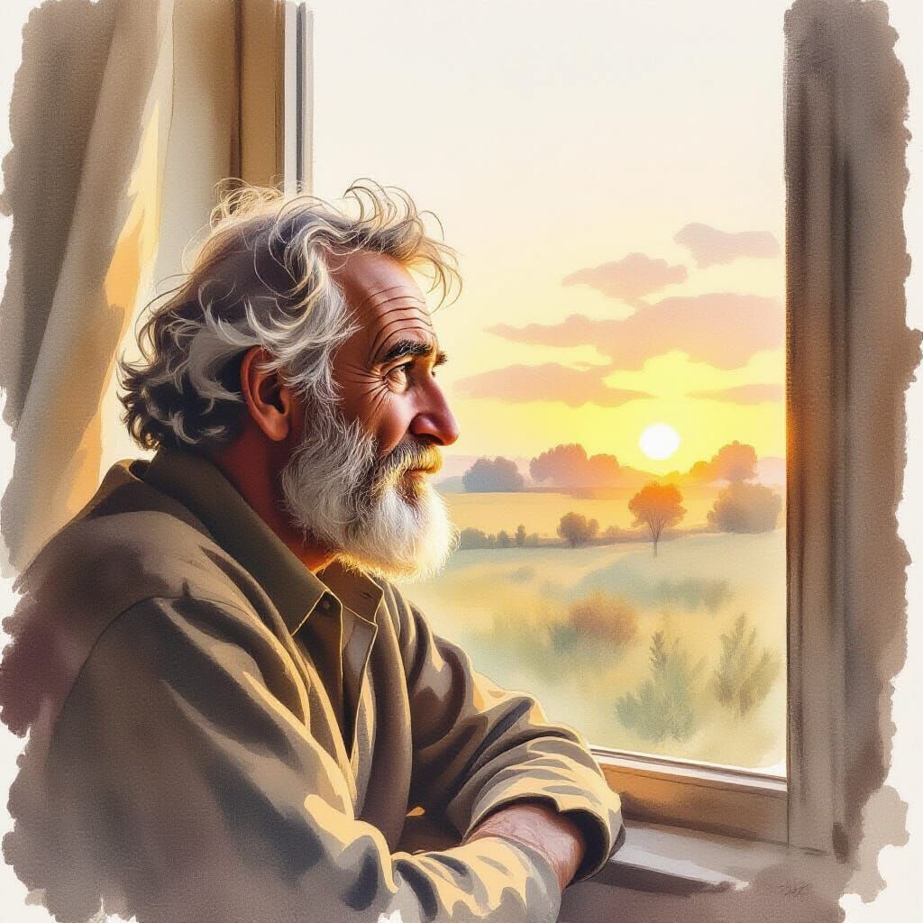 Moshe Gazing at Dawn in Watercolor Style