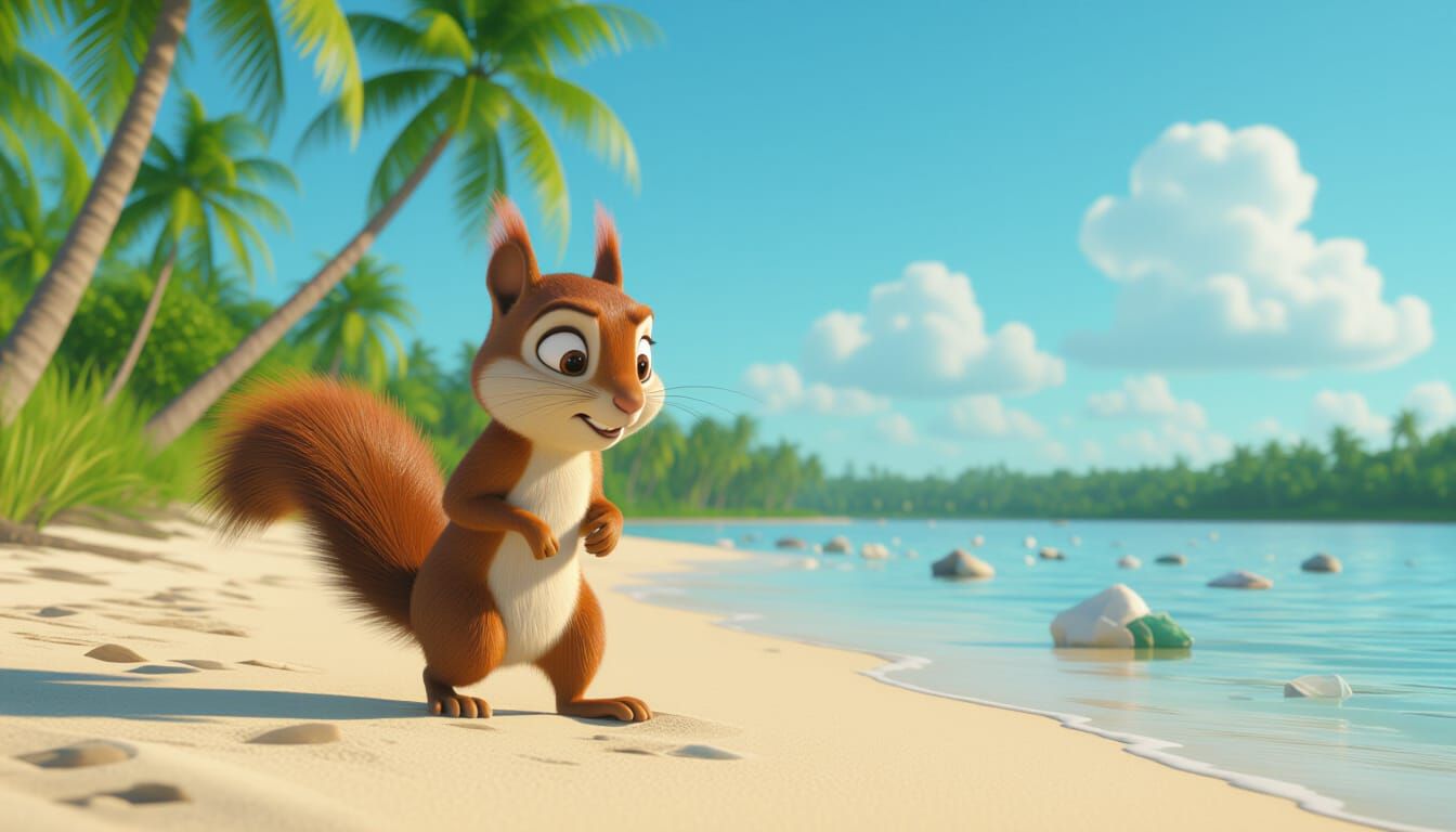A 3D animated sad squirrel walking slowly on tropical sand near a polluted lake. The squirrel looks down with a sorrowfu...
