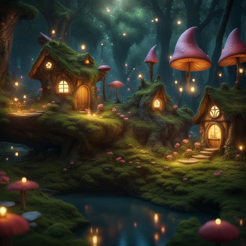 Pretty little fairy village in a magical forest ,cute fairies ...