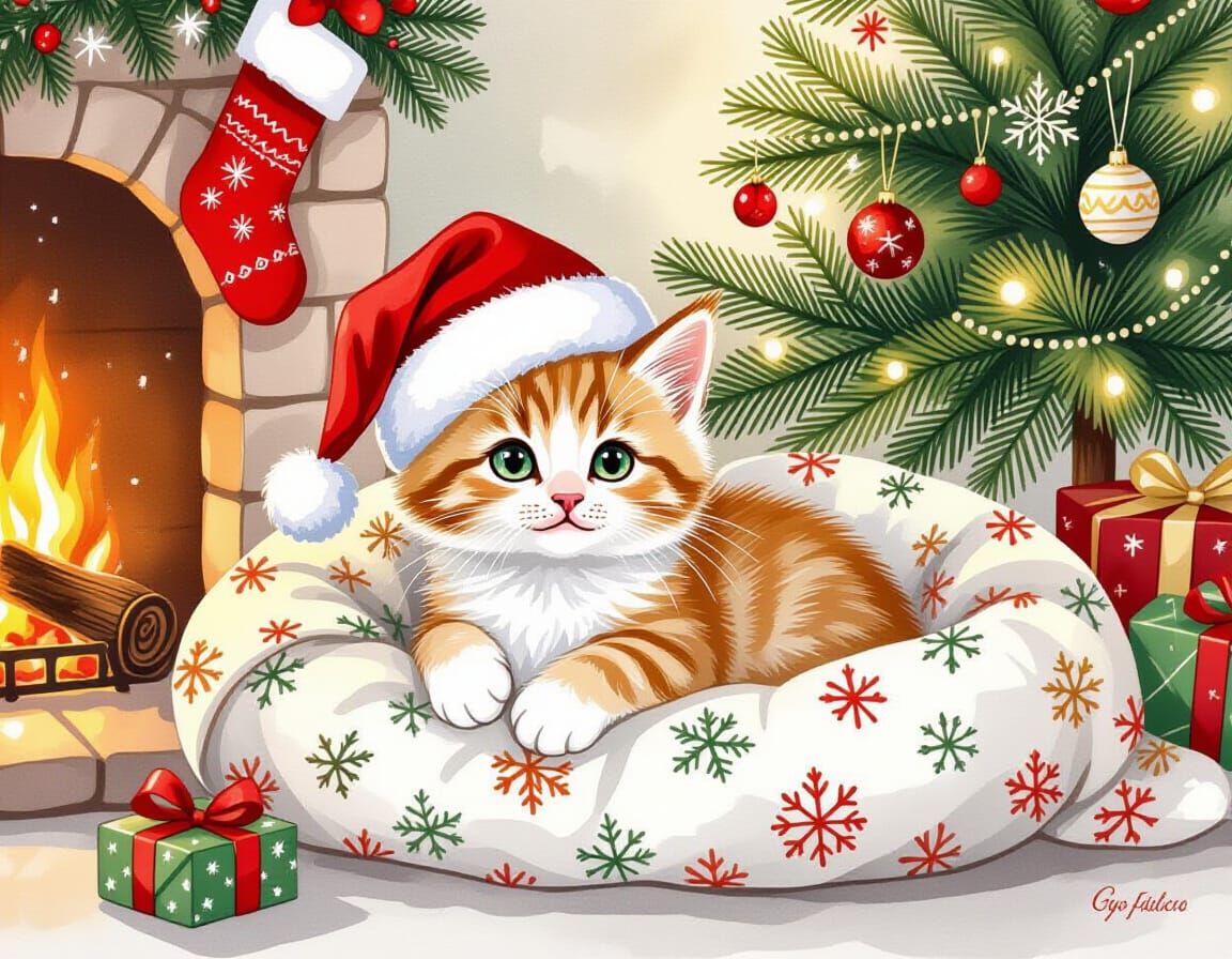 Cute Kitten in Christmas Hat by Fireplace | T0RP3D0 2012 | NightCafe | Festive Watercolour Art