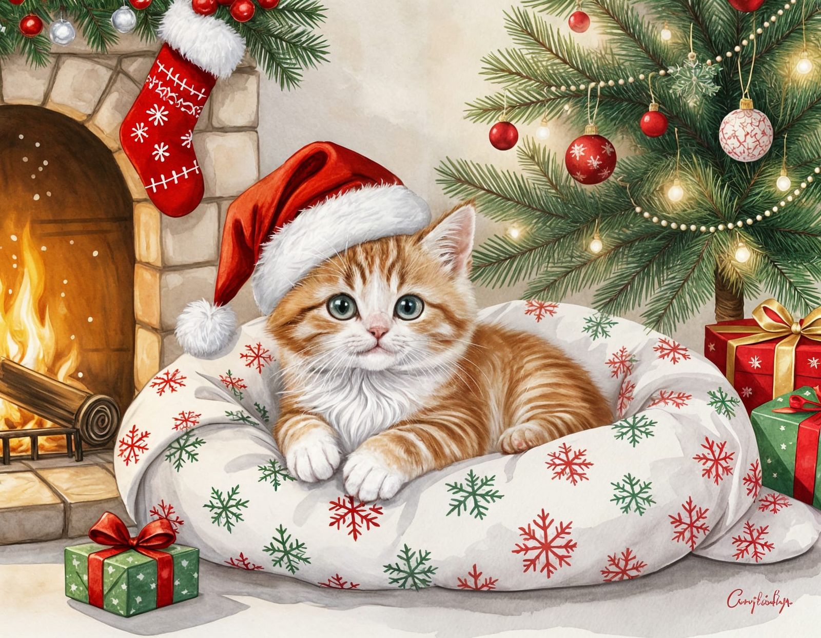 Cute Kitten in Christmas Hat by Fireplace in Watercolour Sty...