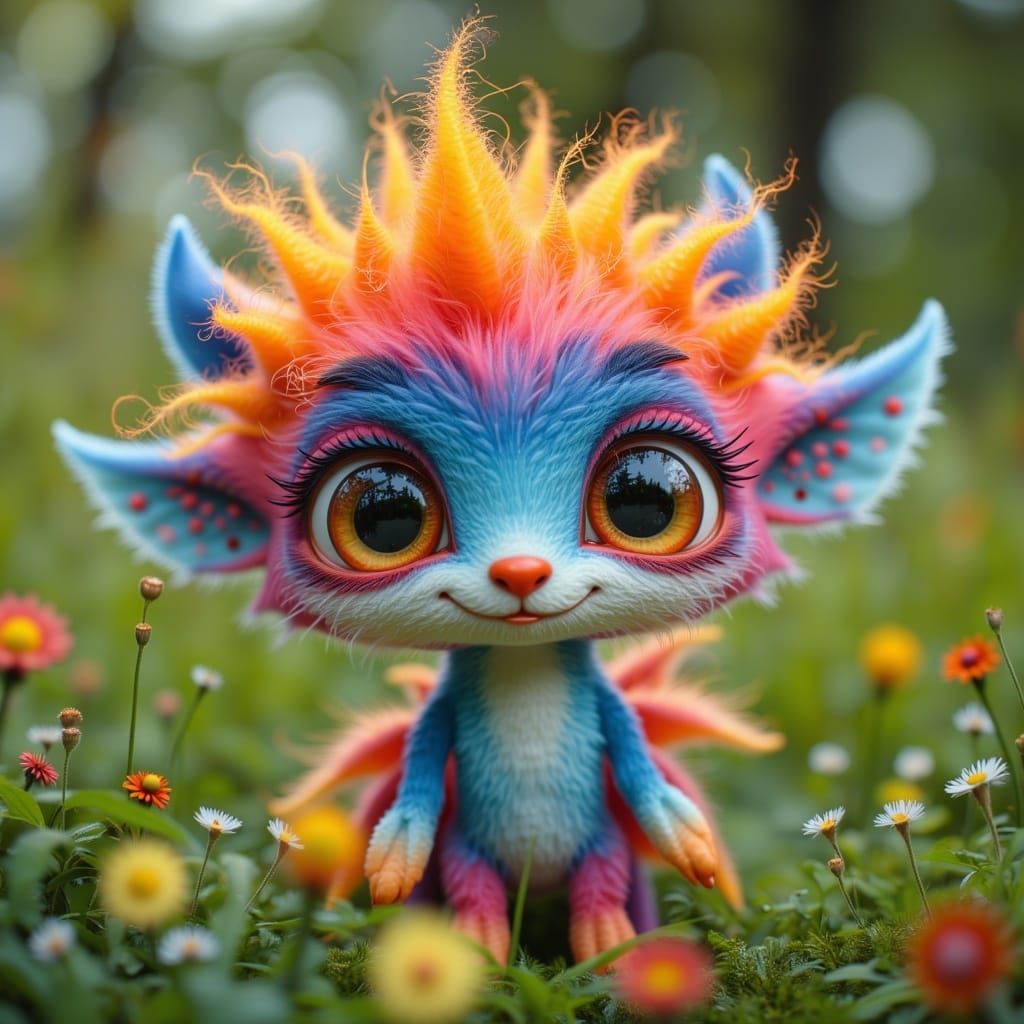  <lora:MJ6 Cuties:1.0> A cute creature with colorful fur, large eyes, and spiky hair stands in the grass, looking at me with its big eyes. T...