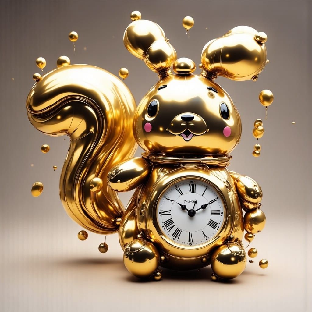  <lora:BRASSY BALLOONACY:1.0> a Very cute, metallic balloon, "Chubby Squirrel" with clocks  by @BoratsChestHair
