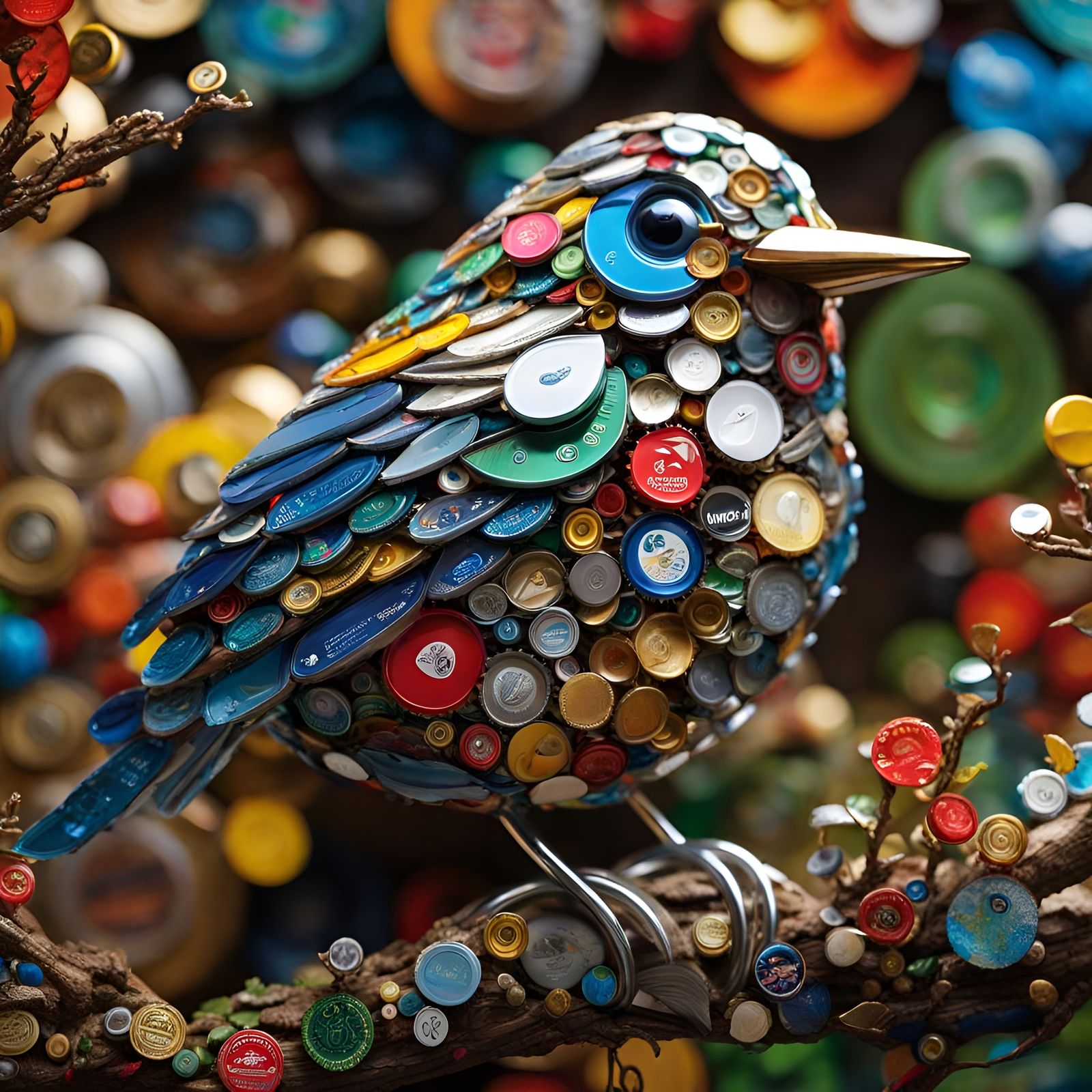 Cute Bird Made of Bottle Caps