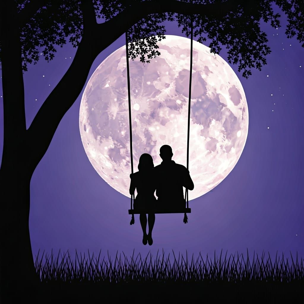 A couple on a tree swing is silhouetted against a large rising moon with a light pink glow.  by @KayJay