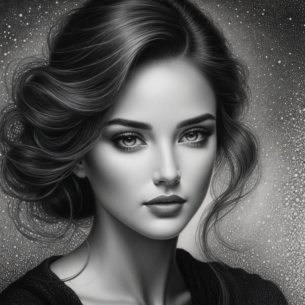 A beautiful woman’s face, stippling, atmospheric charcoal, c...