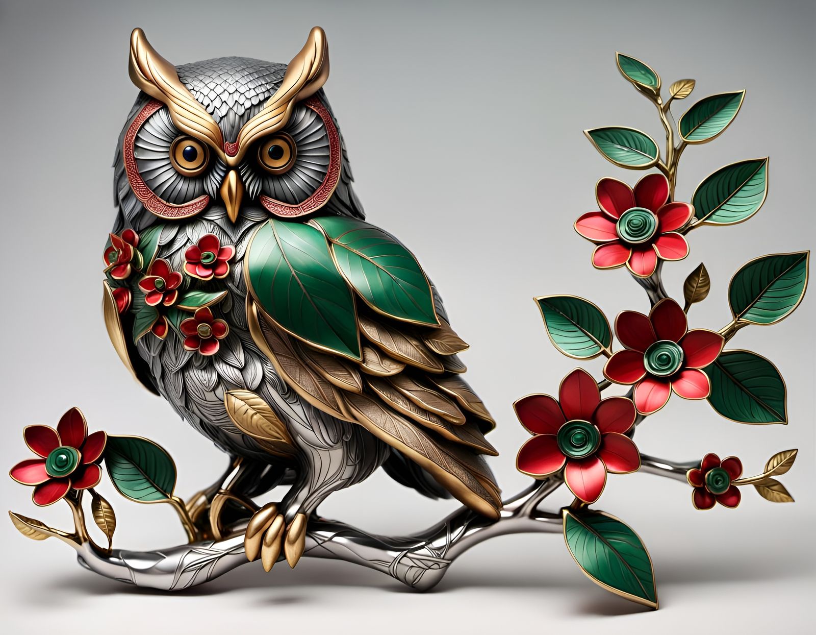 A majestic owl on branch with green leaves and red flowers made of titanium gold and silver Sculptures ...  by @Vey Telmo