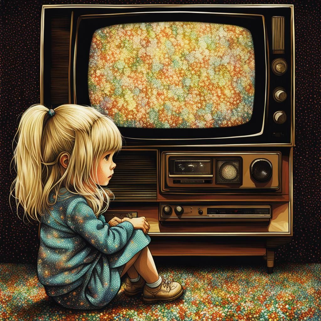 Little blonde girl sitting infront of old vintage 1970s Tele...