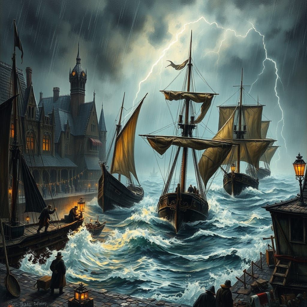 Turbulent Sea Harbor Scene in Moody, Impasto Style