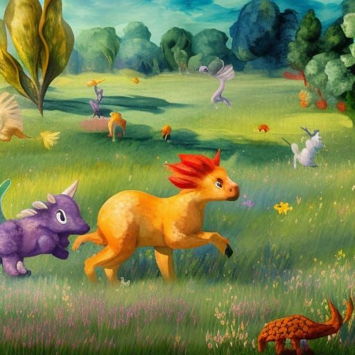 Baby mythical creatures in a meadow.