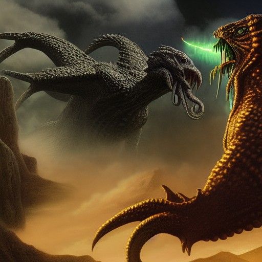 Realistic Cthulhu fighting Godzilla