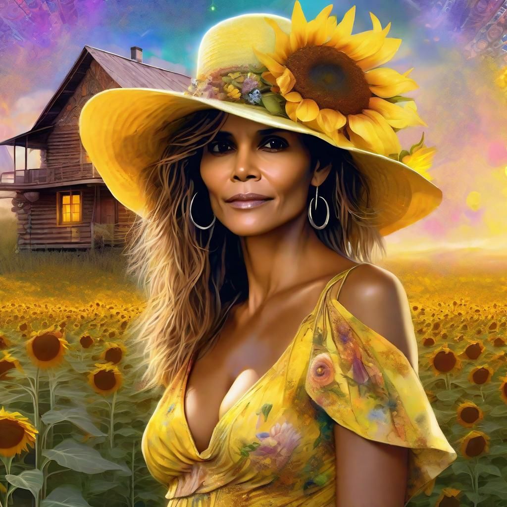 Halle Berry in a Yellow printed sensual dress, Sunhat with f...