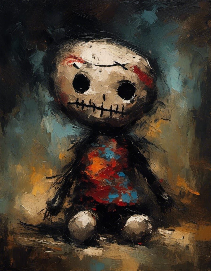 Creepy cute voodoo doll, blurry dark background, oil painting, heavy strokes <lora:cr33py:0.8> 