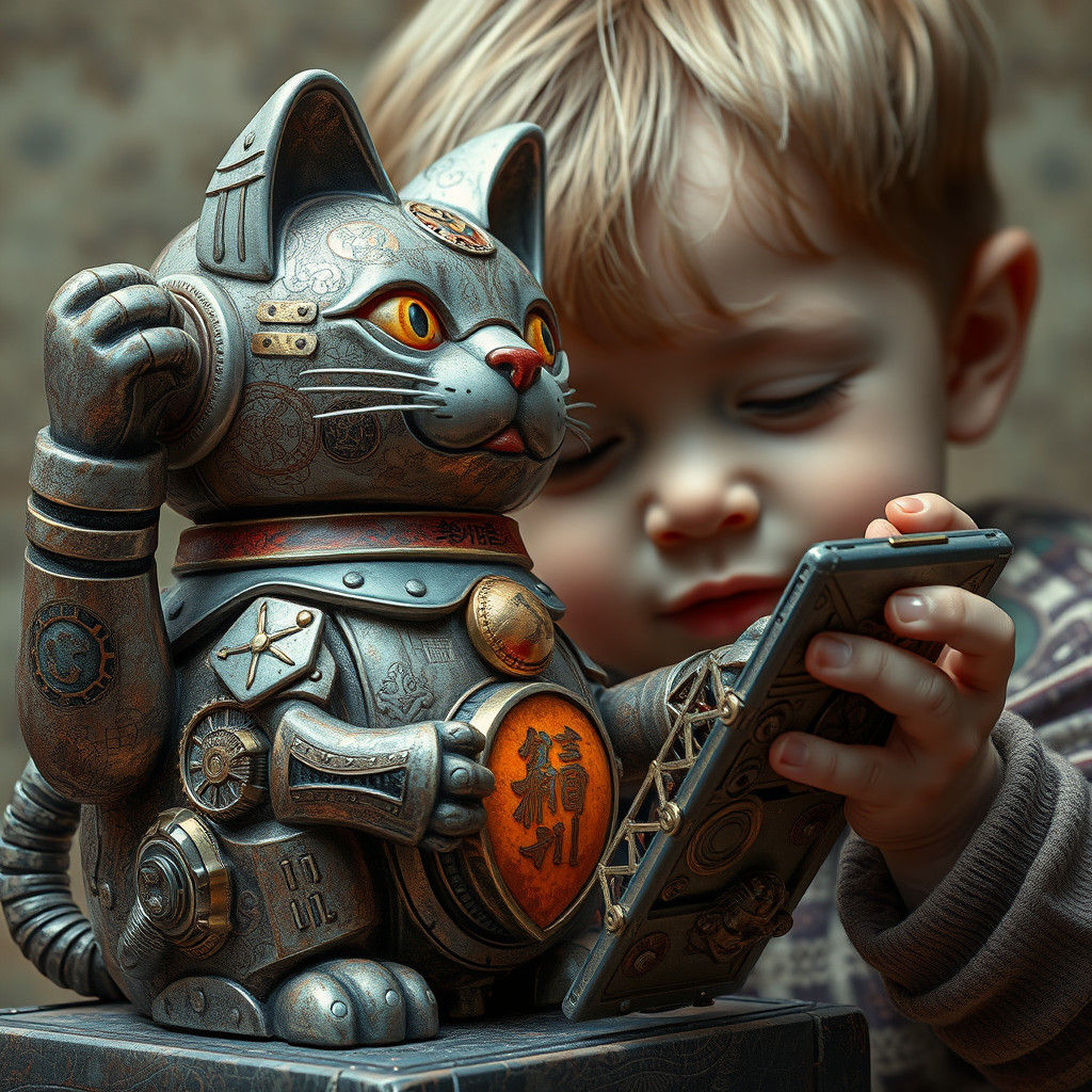 "Child playing with a steampunk Maneki-neko Cats" (2) 