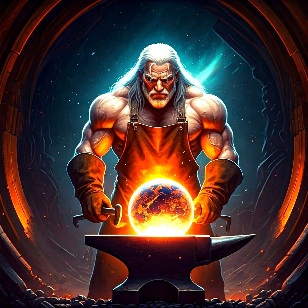 A CELESTIAL BLACKSMITH FORGING PLANETS.   by @POP WIZARD