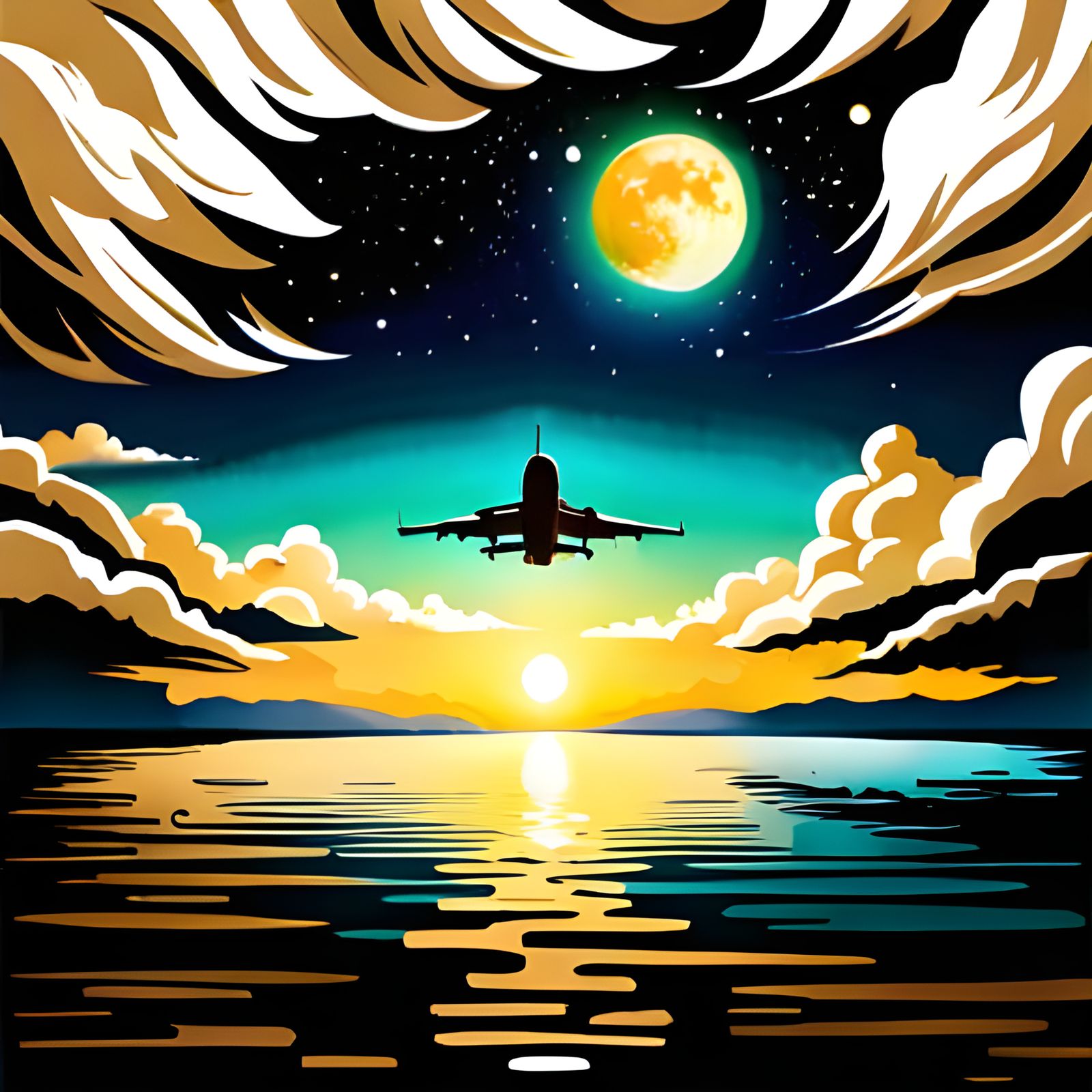 Dark night. Stars and moon are reflected in an calm ocean with an airplane flying over water. digital art detailed golde...