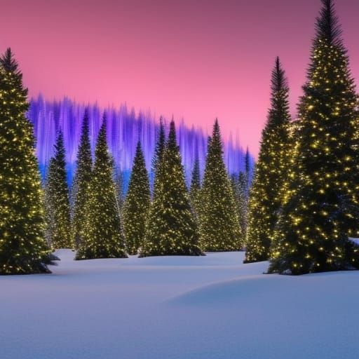 a group of christmas trees sitting on top of a snow covered field ...