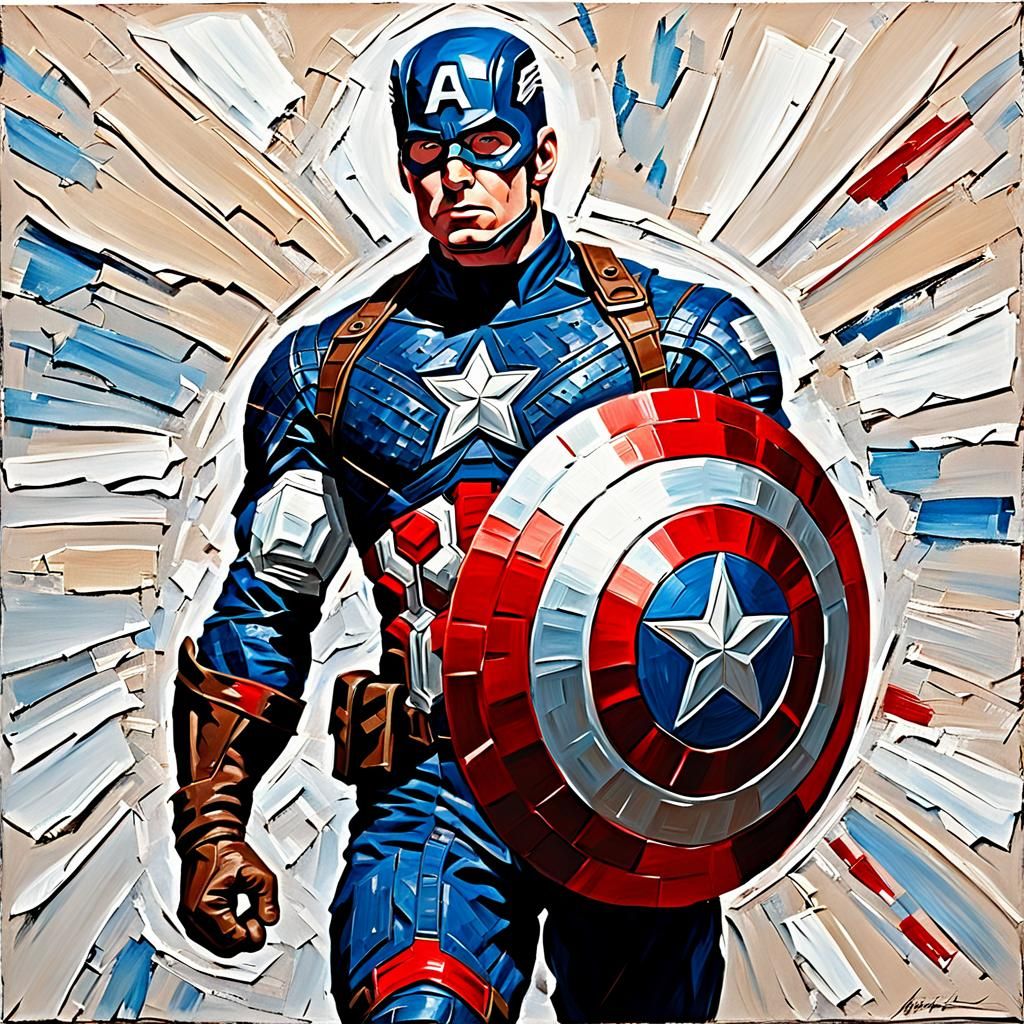 Impasto painting of Captain America with his shield