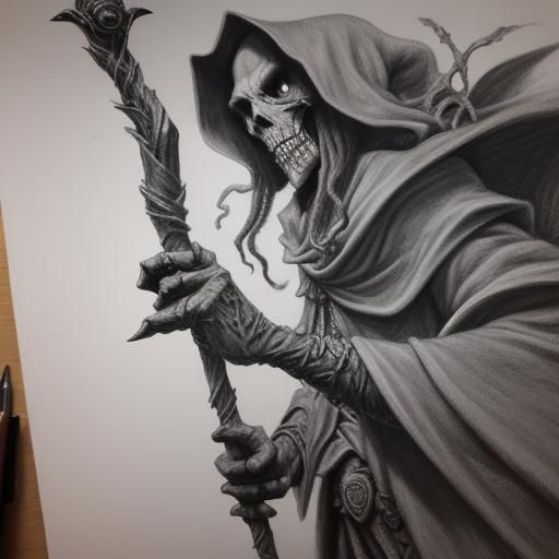 low angle Dread Lich Holding a staff in dark crypt, rough unfinished ...