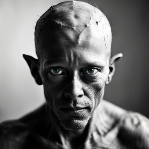 Hooded cyclops alien creature, Amazingly hyperdetailed Close up portrait, ambient light, Nikon 15mm, monochrome, f/1.8G,...