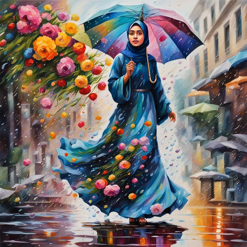 a high quality hyper realistic yet artsy painting of a hijab girl , Wearing loose abaya multicolor, holding ...  by @Leo_Art-Painter
