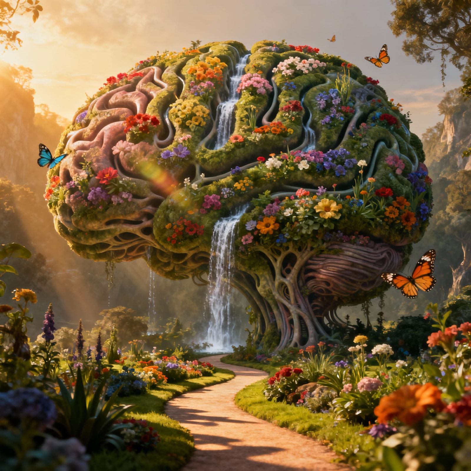 ultra-detailed cinematic realism, imaginative garden shaped like a human brain, covered in colorful flowers, ...  by @Phronc