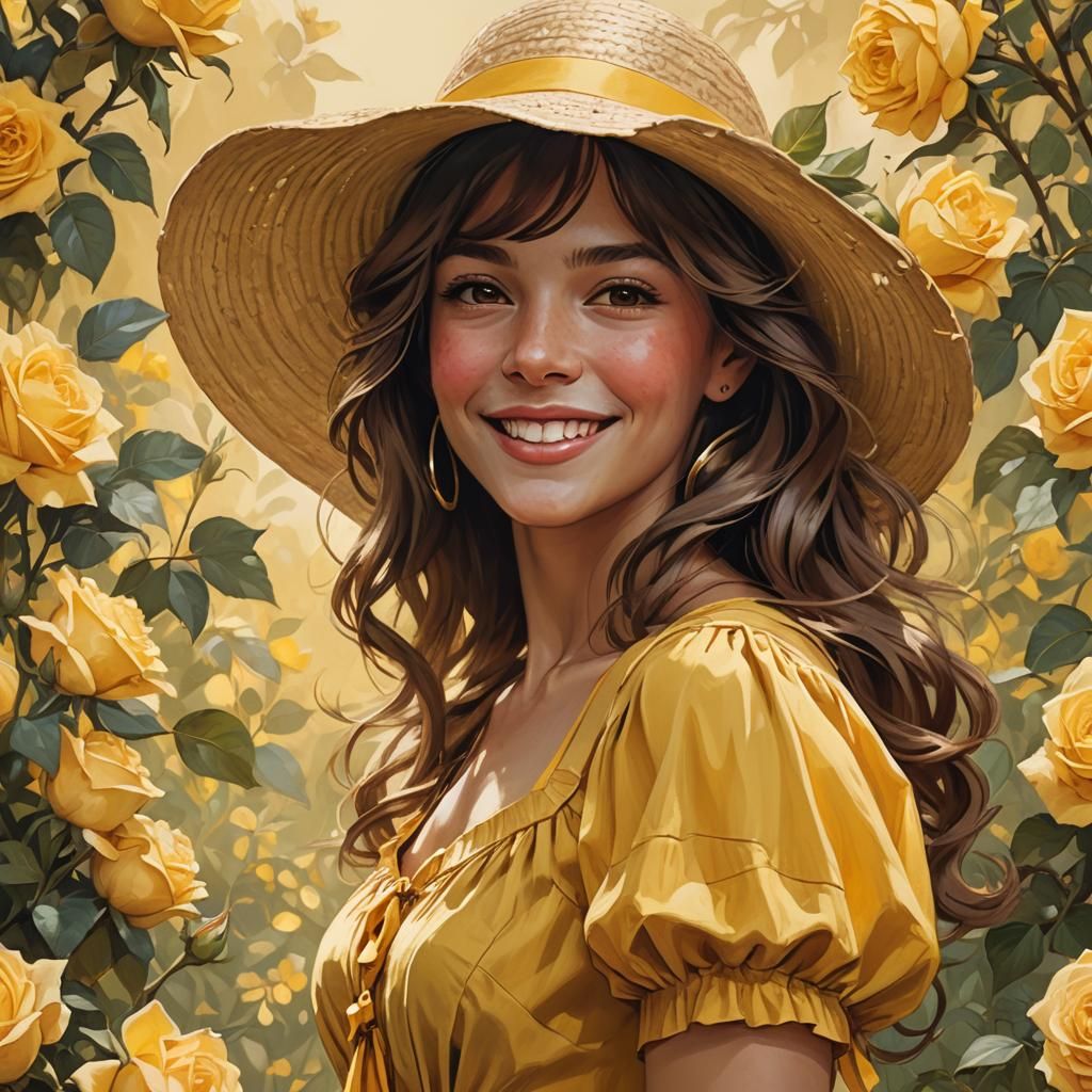 a woman in a yellow sundress wearing a straw sunhat with a y...