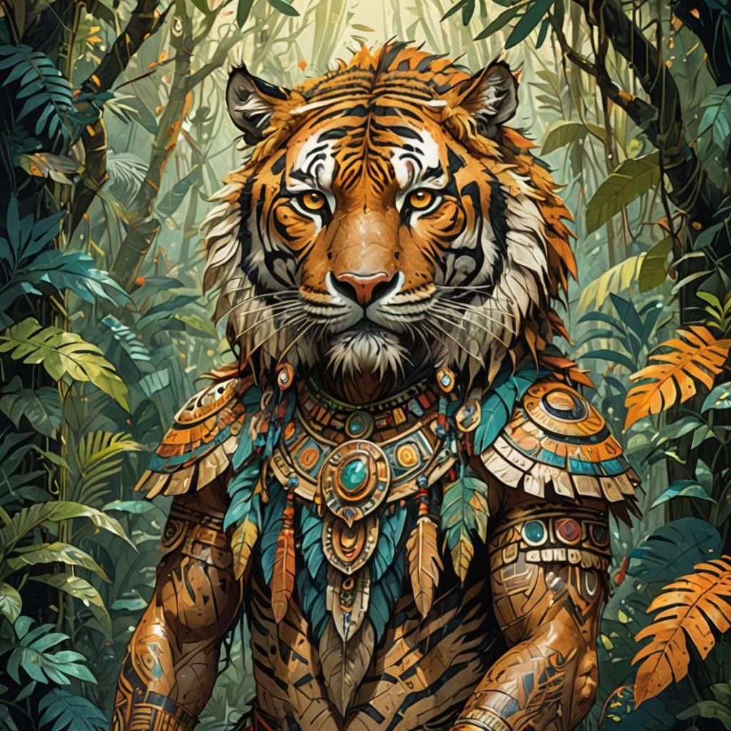 Aztec shaman tiger, bright tiger fur covers his whole body standing in a jungle, golden outlines, highly detailed, intricate motifs, organic...