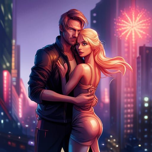 a man and woman like barbie and ken in cyberpunk night city