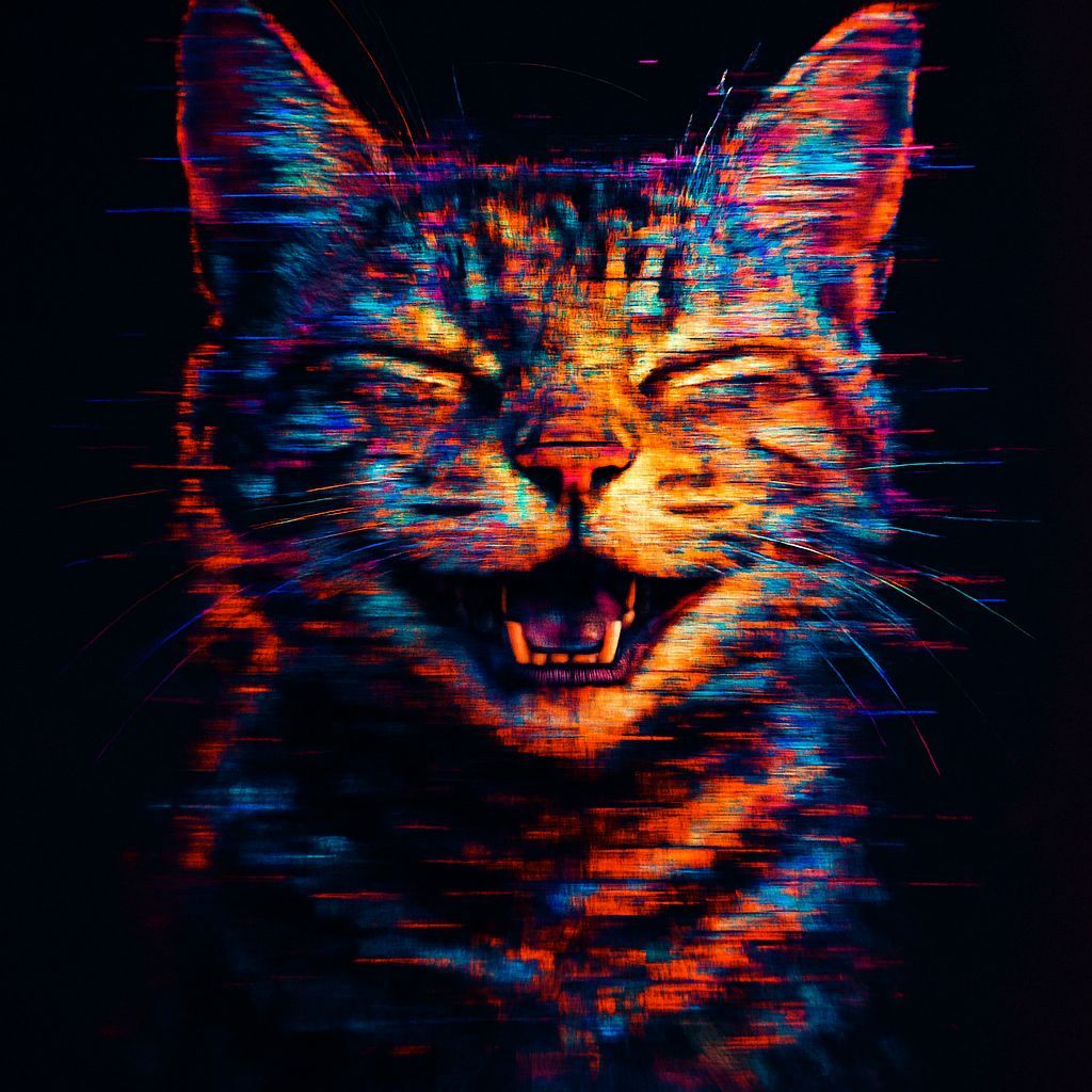 A striking portrait of a happy cat, its features artistically distorted and digitally scrambled. The ...  by @fredlef