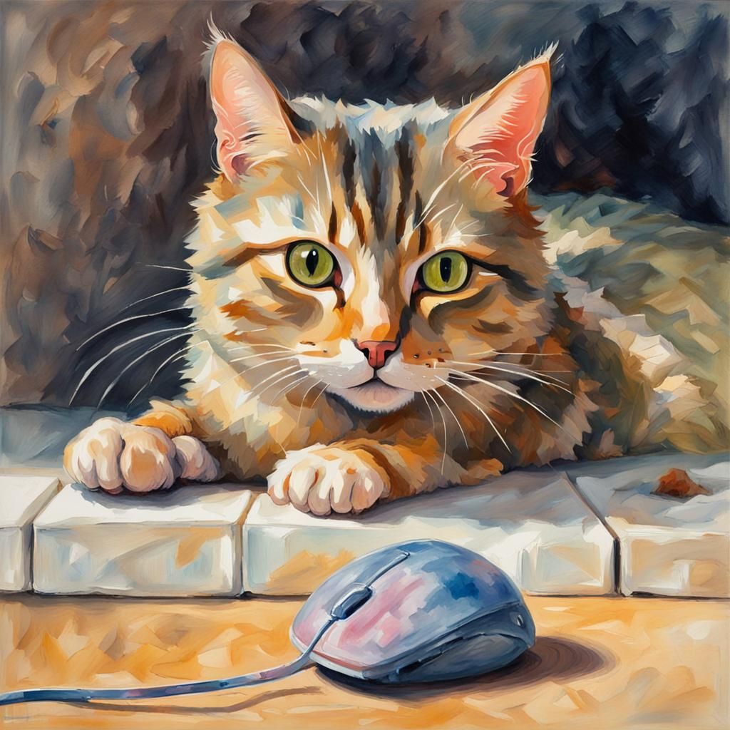 Pet cat holding up a mouse  by @Arsby