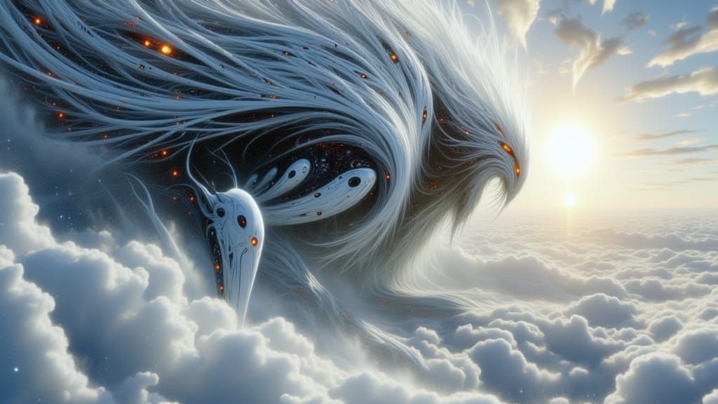 a giant powerful creature descending out of the clouds <lora:Inverse V3:1.0>