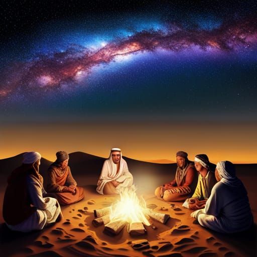 Tribal people around a campfire. Campfire in the Sahara dese...