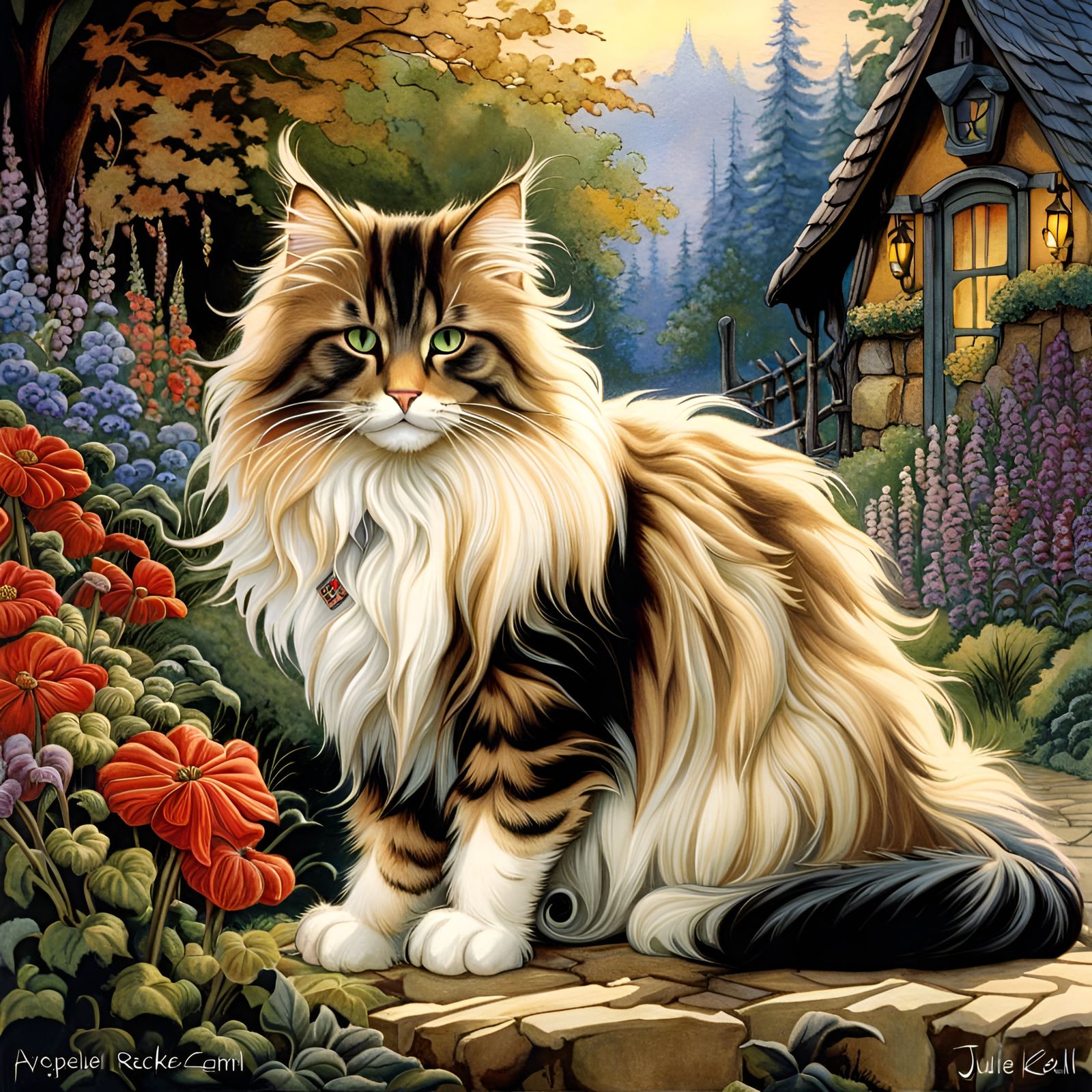 Beautiful Norwegian forest cat, art by arthur rackham, by Ju...