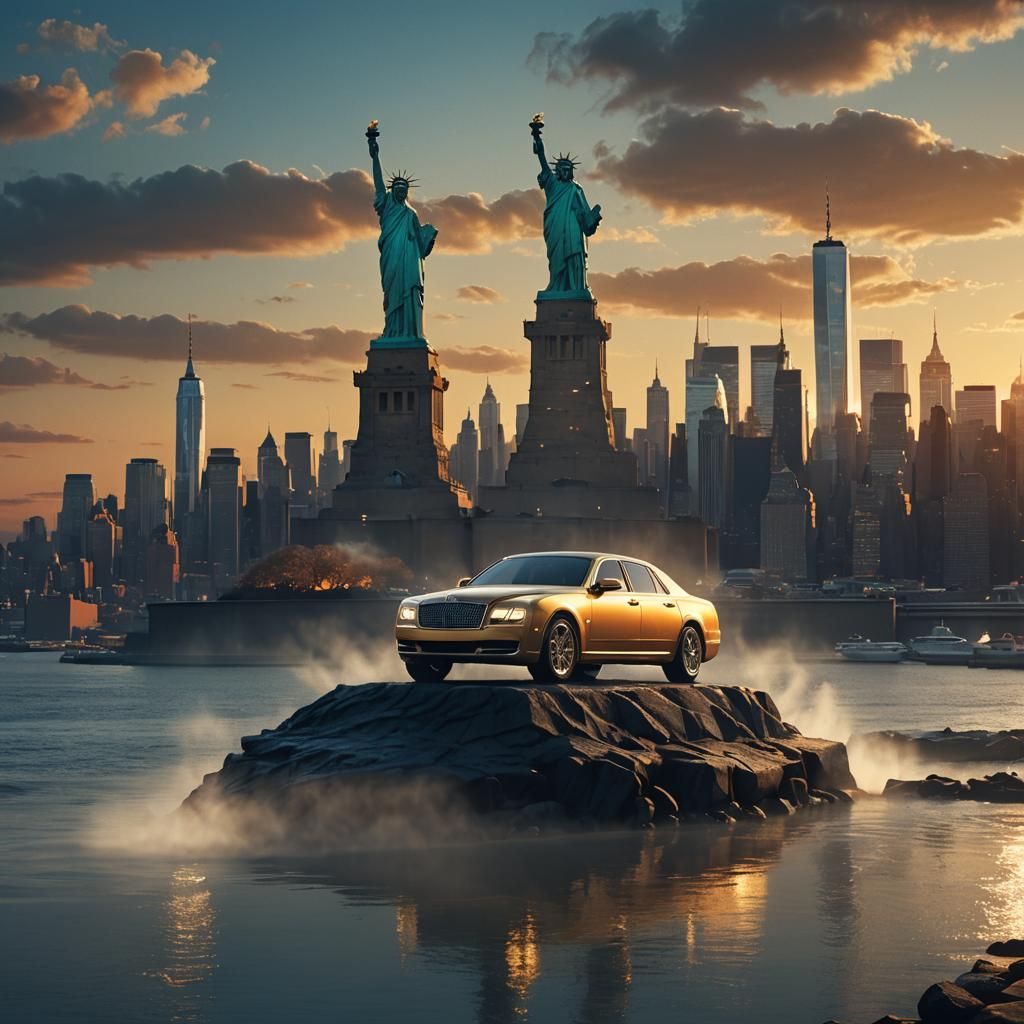 Luxury Car Overlooking NYC in Golden Hour Light