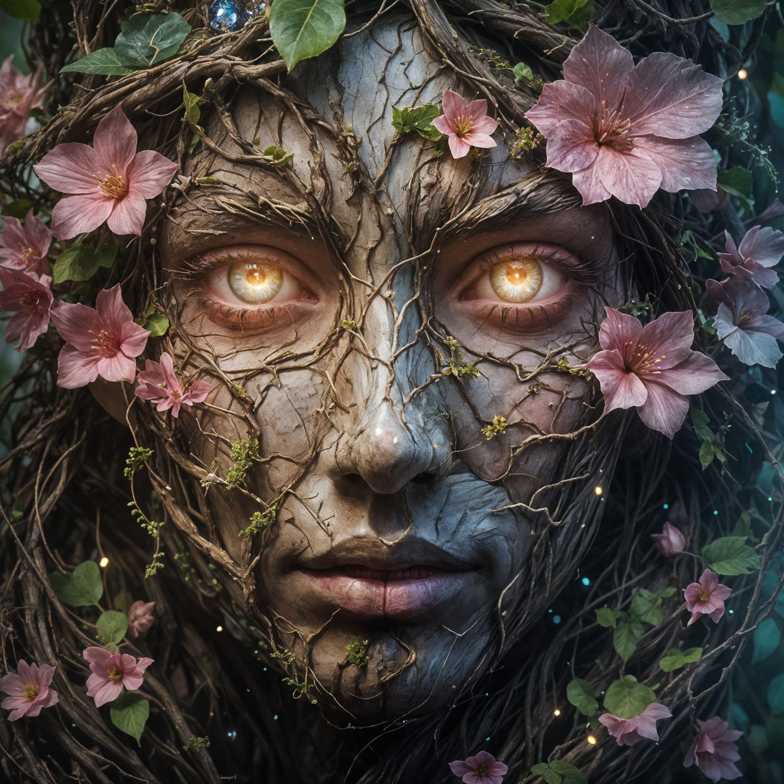 Mystical Nature Being with Glowing Eyes and Flowers