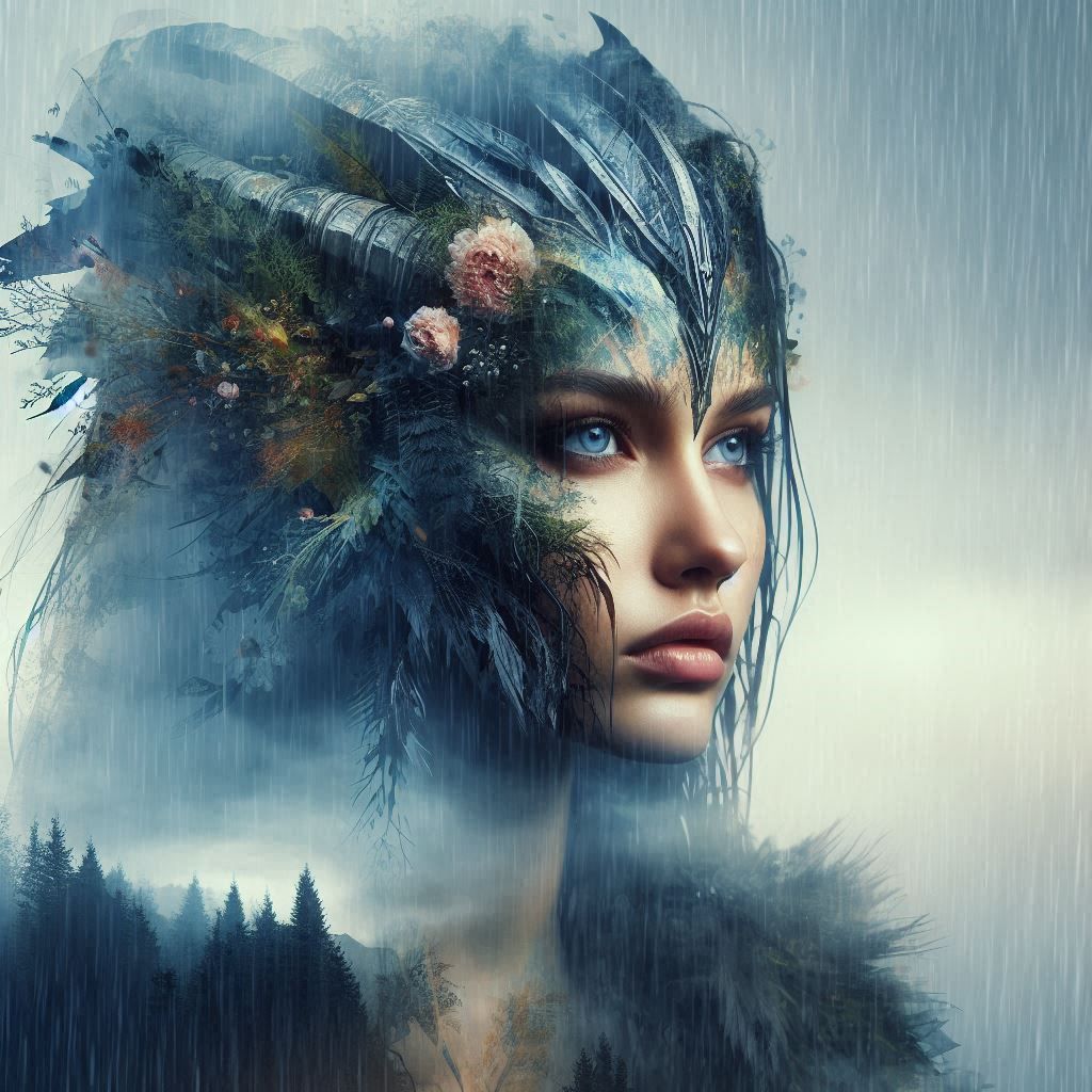 double exposure beautiful fantasy DALL-E 3 portrait landscape..