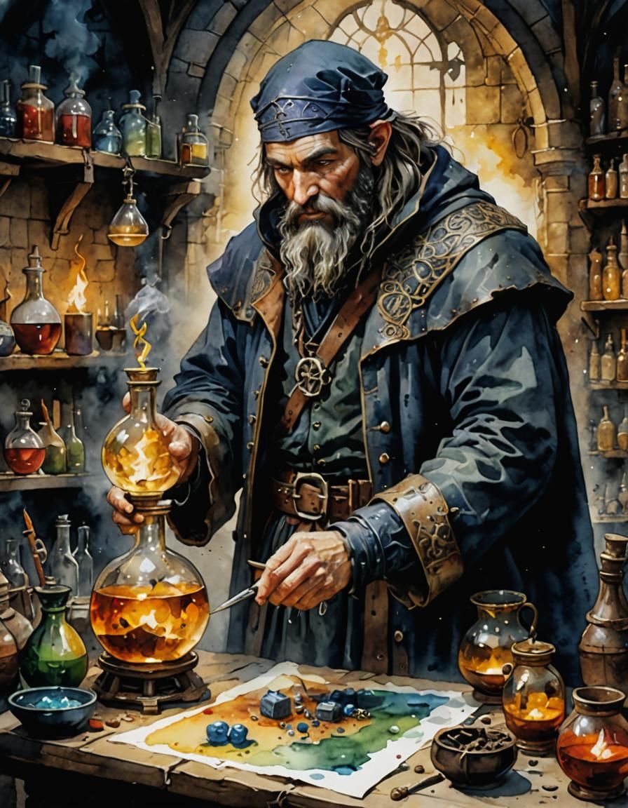 An alchemist watercolor High detail, masterpiece, epic, symbaroum, dark fantasy   by @Gorank