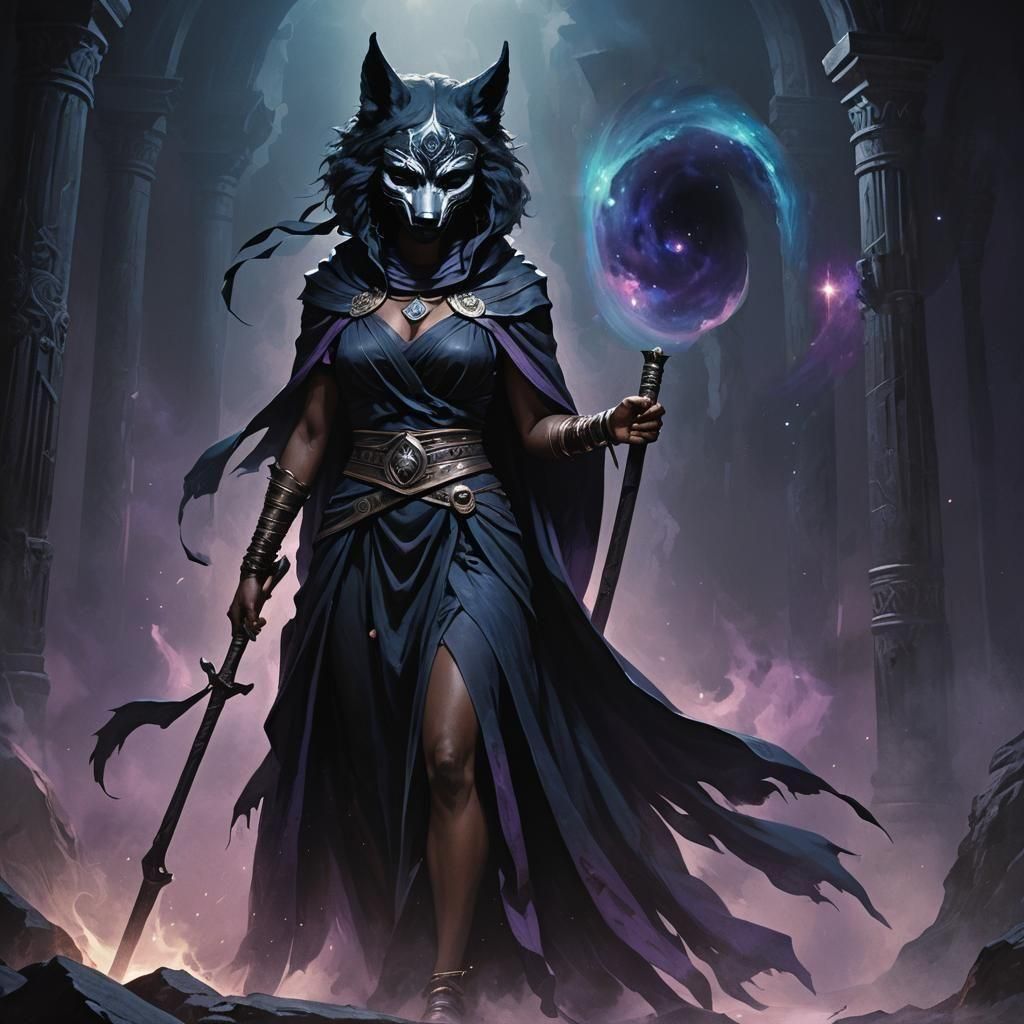 black Priestess in a black toga with a wolf mask hiding his face and a large black staff creating darkness