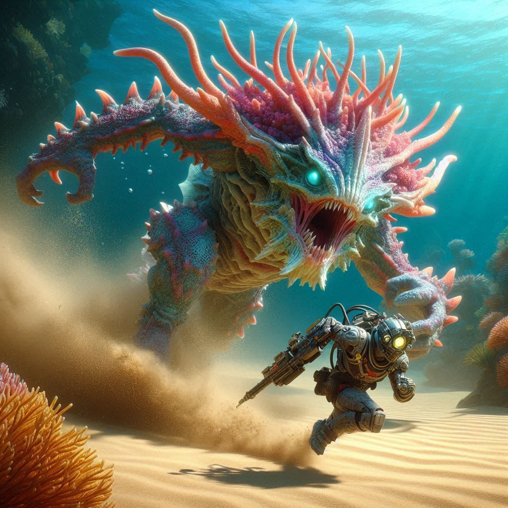 Human diver running from coral camouflage underwater monster