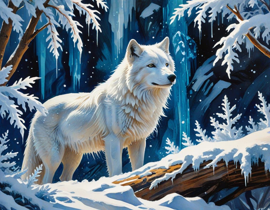 Watercolor Winter Scene with Wolf in Gouache Style